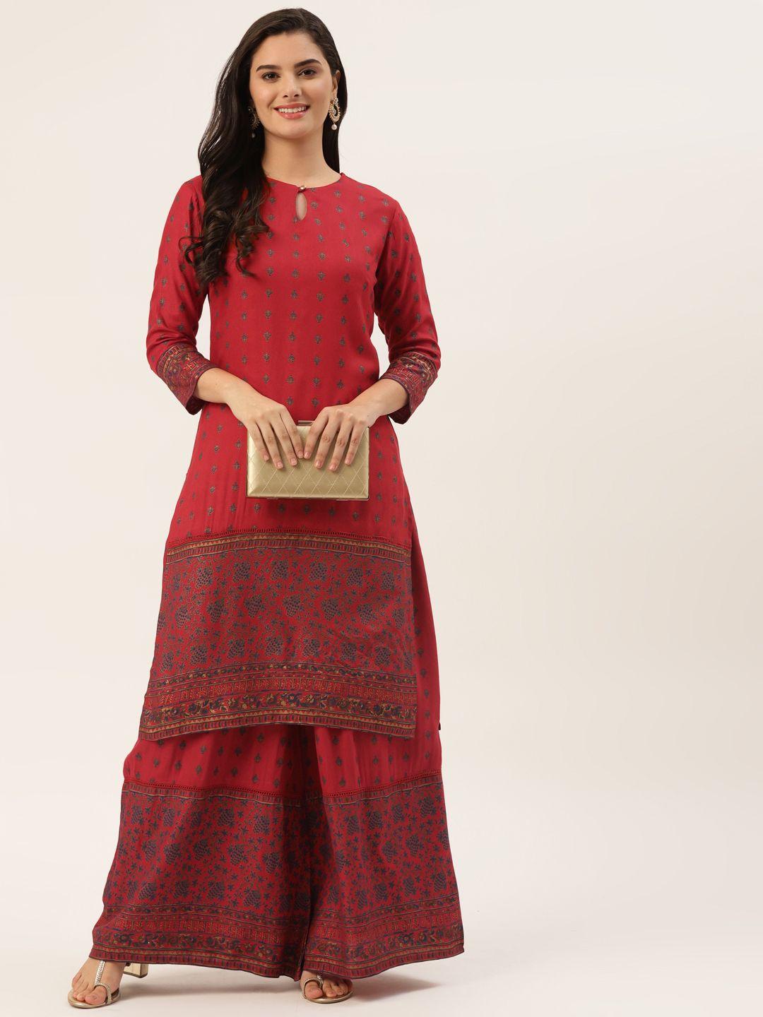 maand women red ethnic motifs printed kurta with palazzos