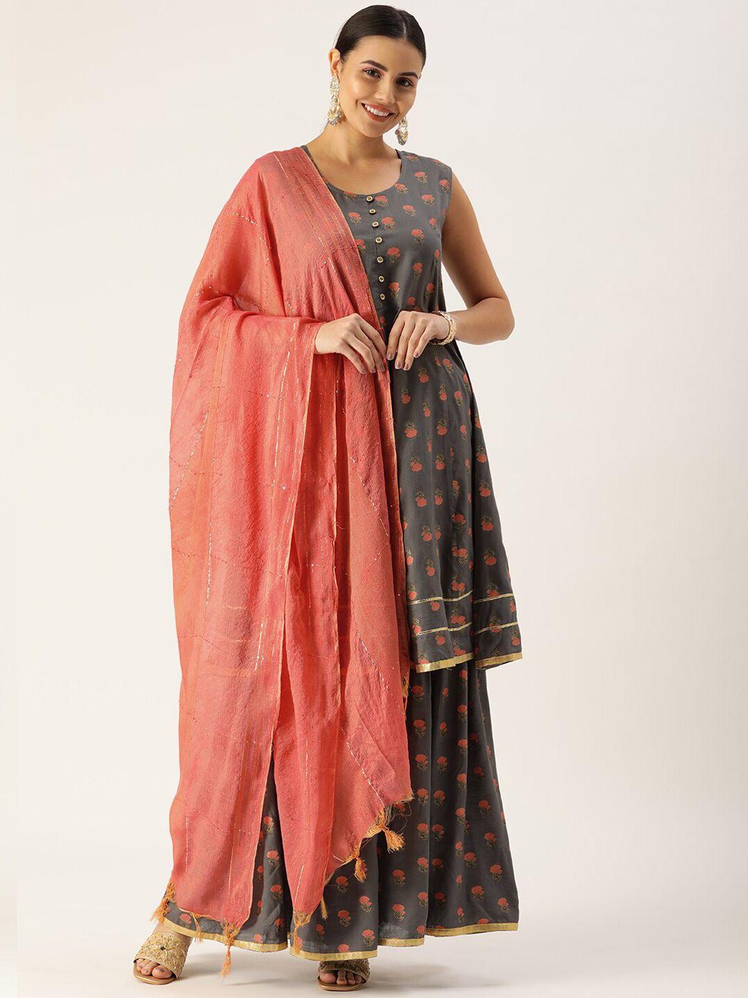 maand women sleeveless floral printed kurta with sharara & dupatta