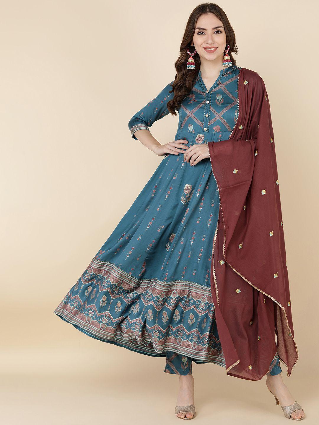 maand women teal floral printed anarkali kurta with trousers & with dupatta