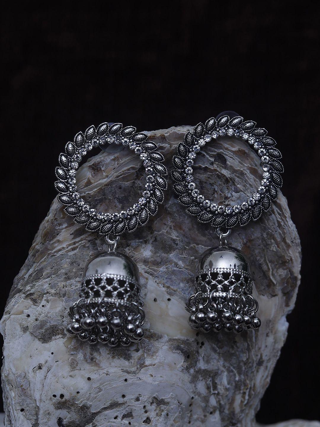 maansh silver-toned contemporary jhumkas earrings