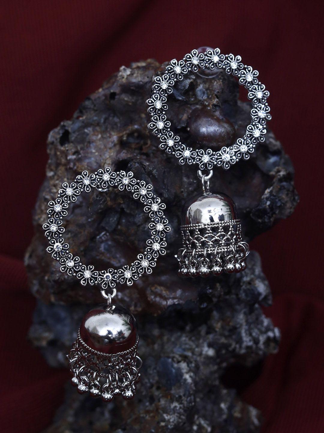 maansh silver-toned contemporary jhumkas earrings