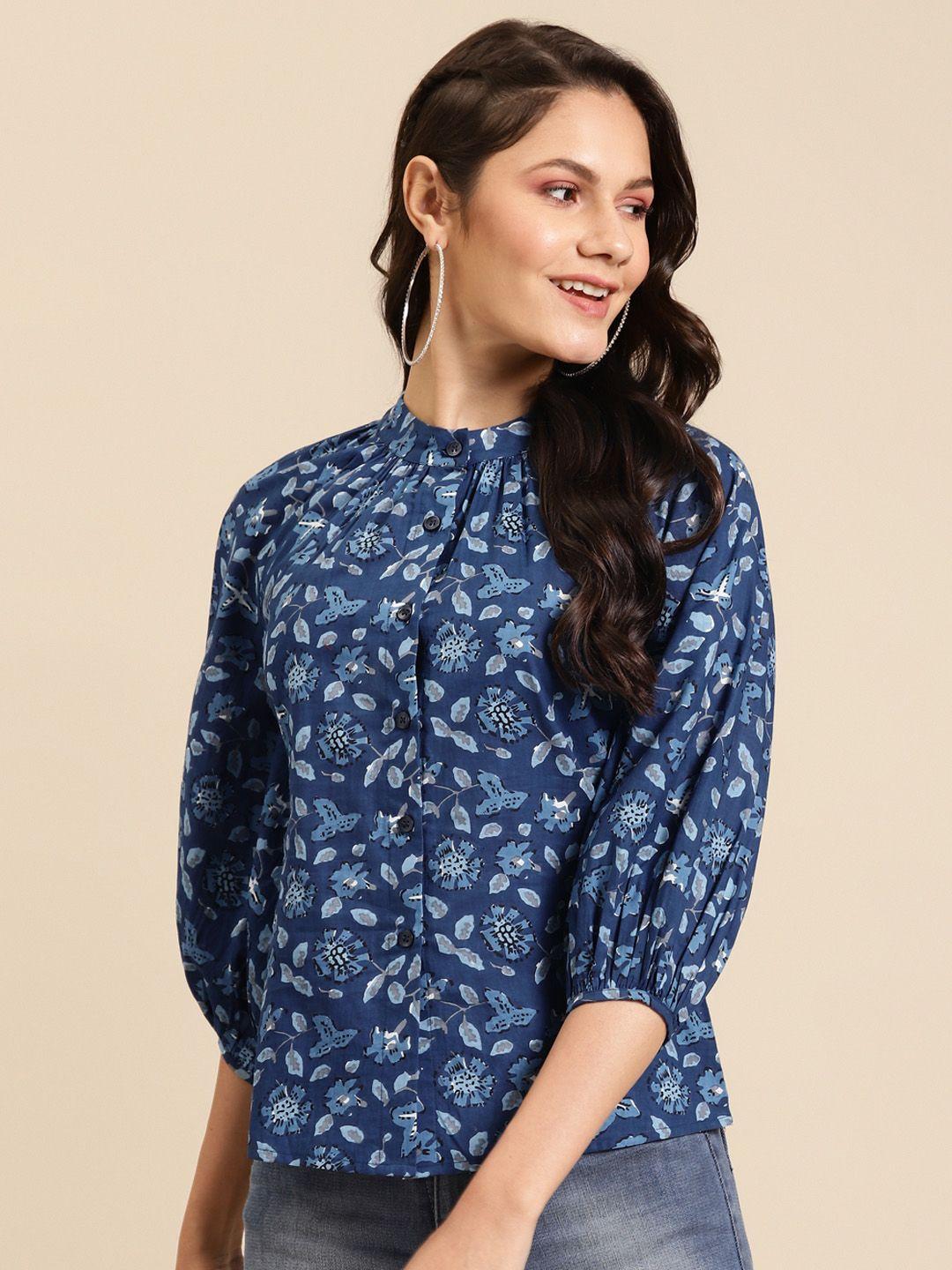 mabish by sonal jain navy blue floral print pure cotton puff sleeves shirt style top