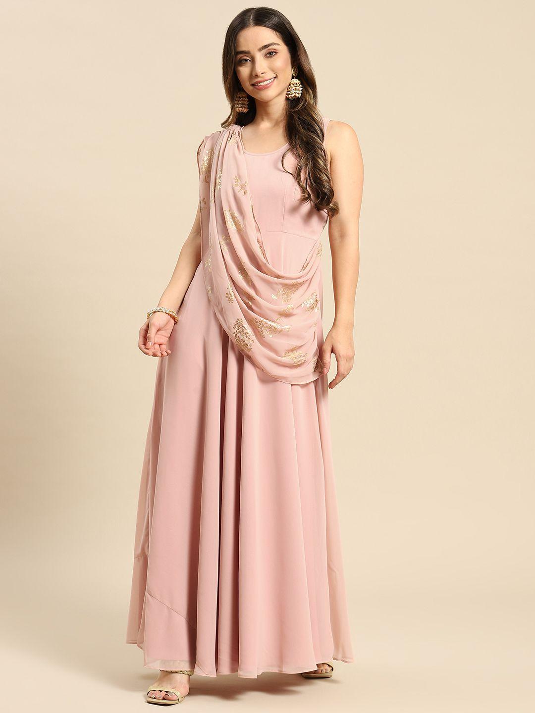 mabish by sonal jain pink layered georgette maxi dress with dupatta drape