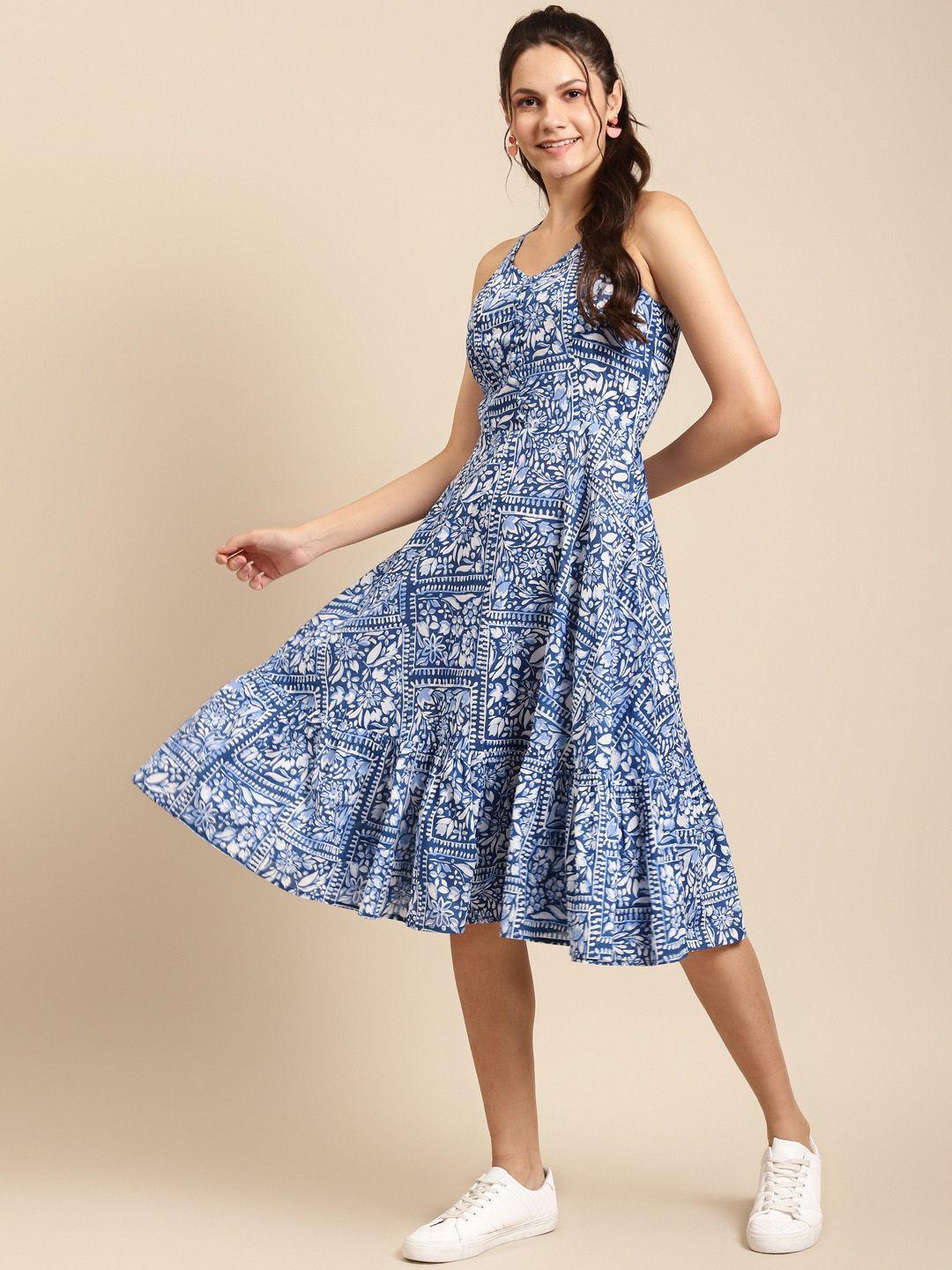 mabish by sonal jain women blue & white cotton ethnic motif print midi a-line dress