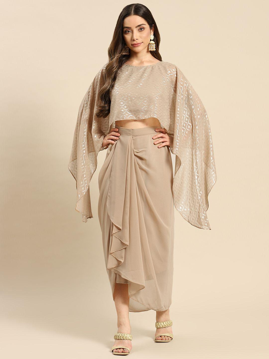 mabish by sonal jain women nude-coloured printed cape top with draped skirt