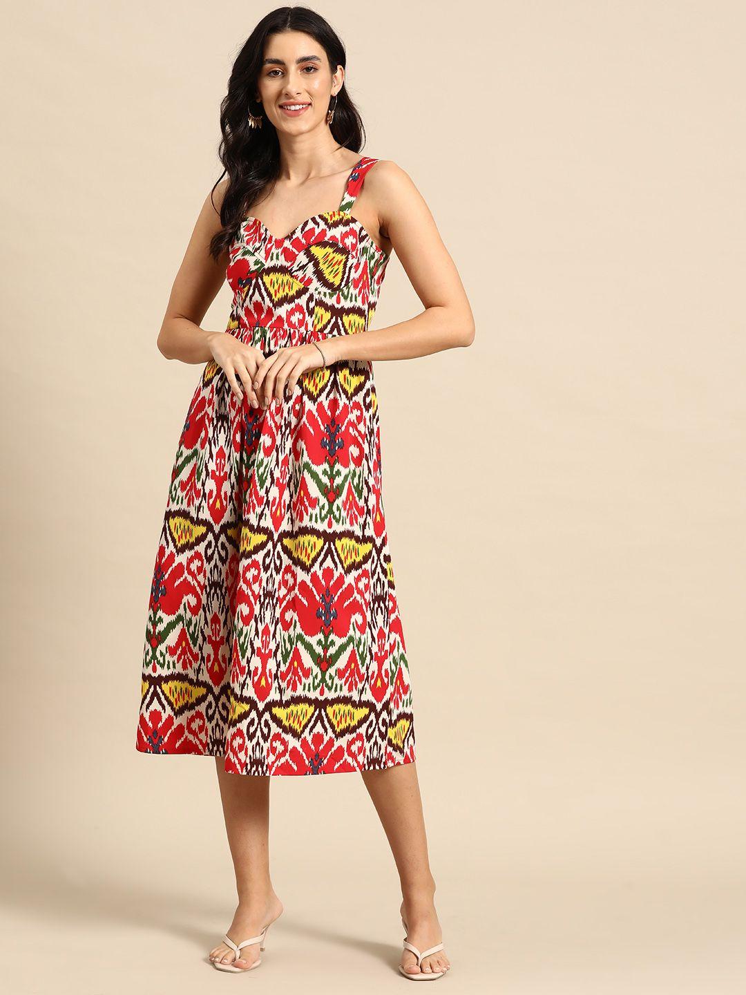 mabish by sonal jain abstract printed gathered detail a-line midi dress