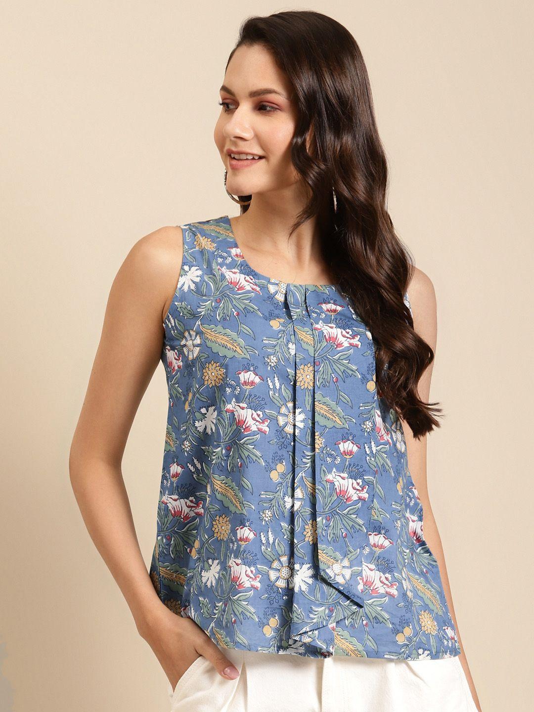 mabish by sonal jain blue & white floral printed pure cotton pleated top