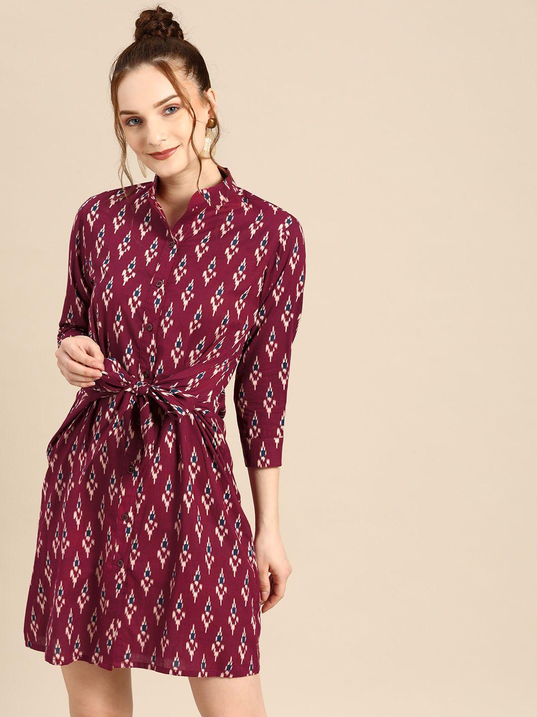 mabish by sonal jain burgundy & white ethnic motifs print cotton shirt dress