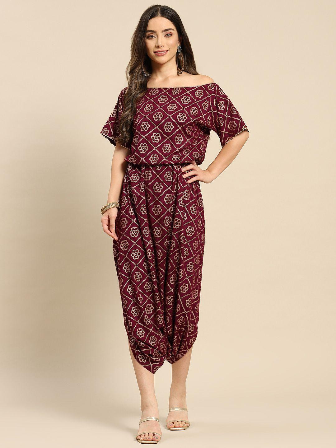 mabish by sonal jain burgundy printed basic dhoti jumpsuit