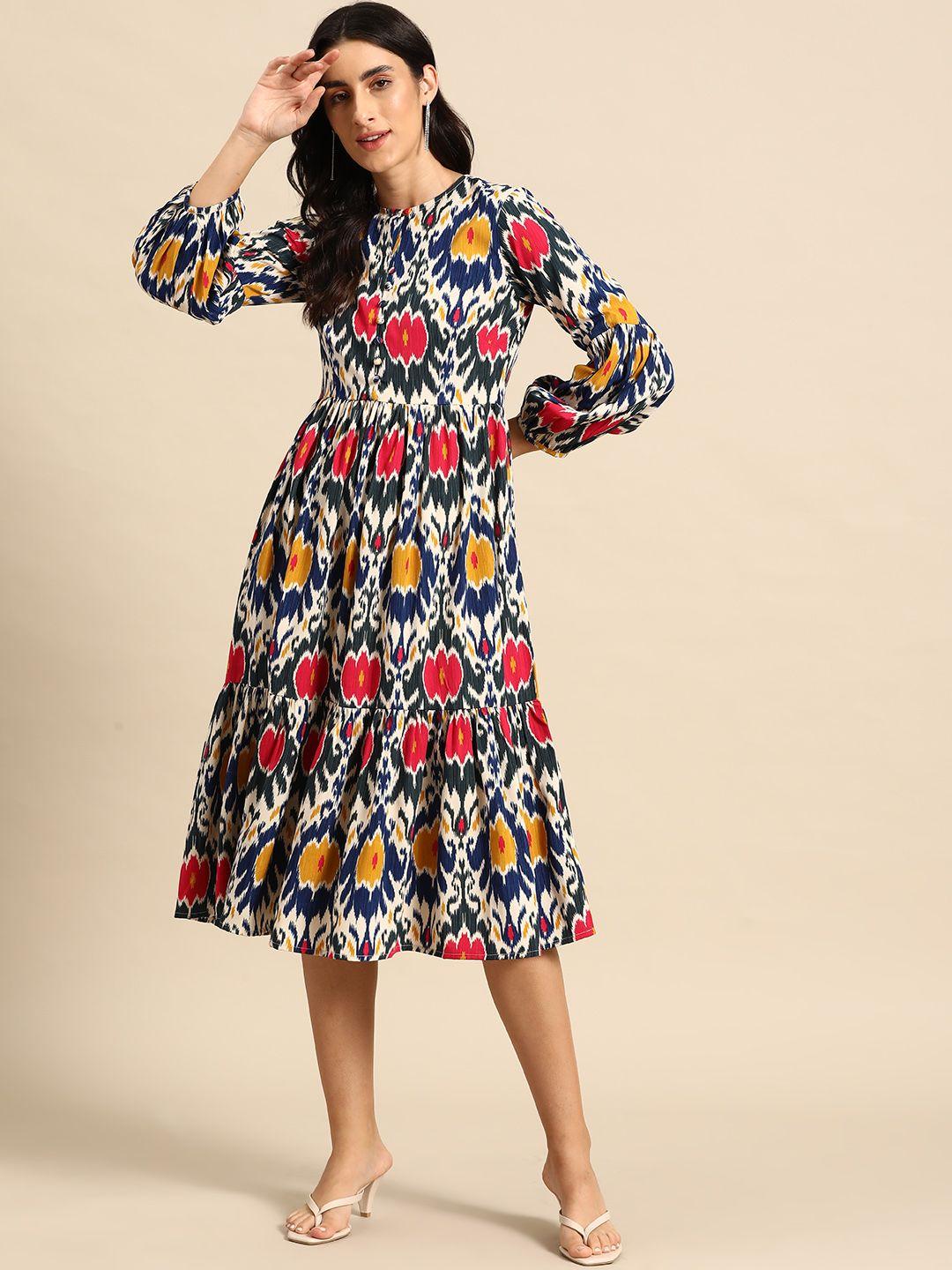 mabish by sonal jain ethnic motifs printed gathered detail fit & flare midi dress