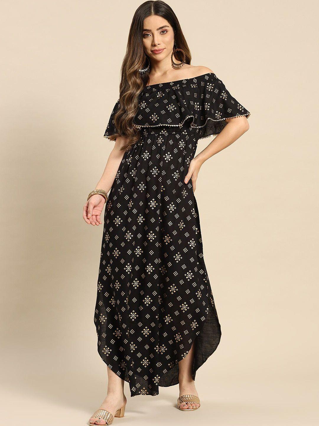 mabish by sonal jain geometric printed off shoulder gotta patti sheath maxi dress