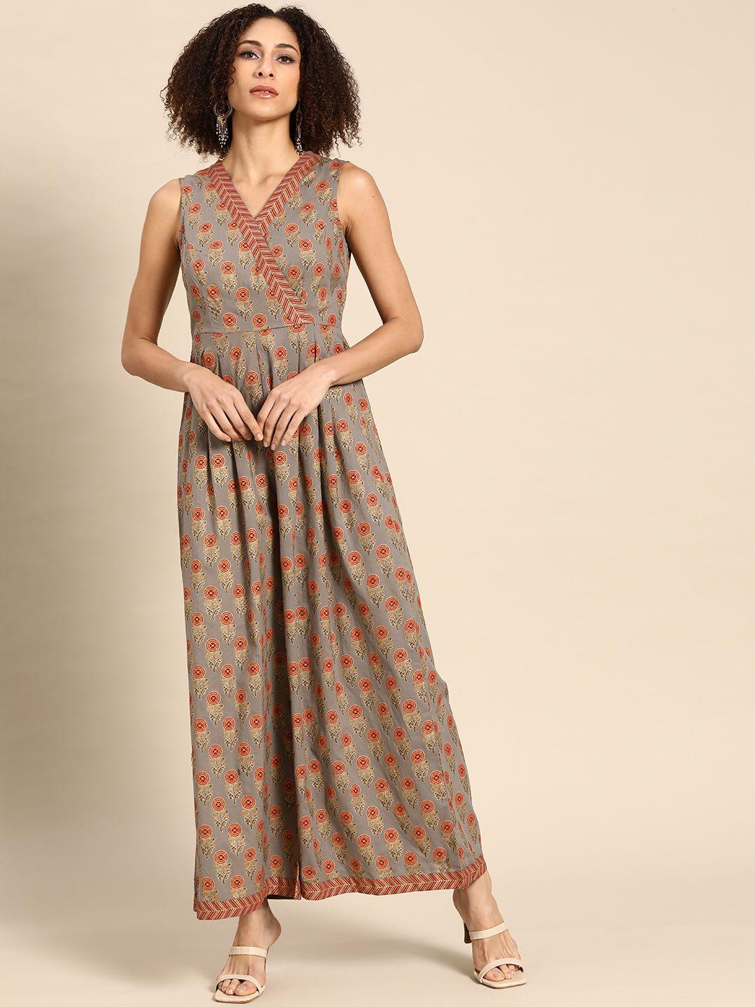 mabish by sonal jain grey & rust orange printed kalidar jumpsuit