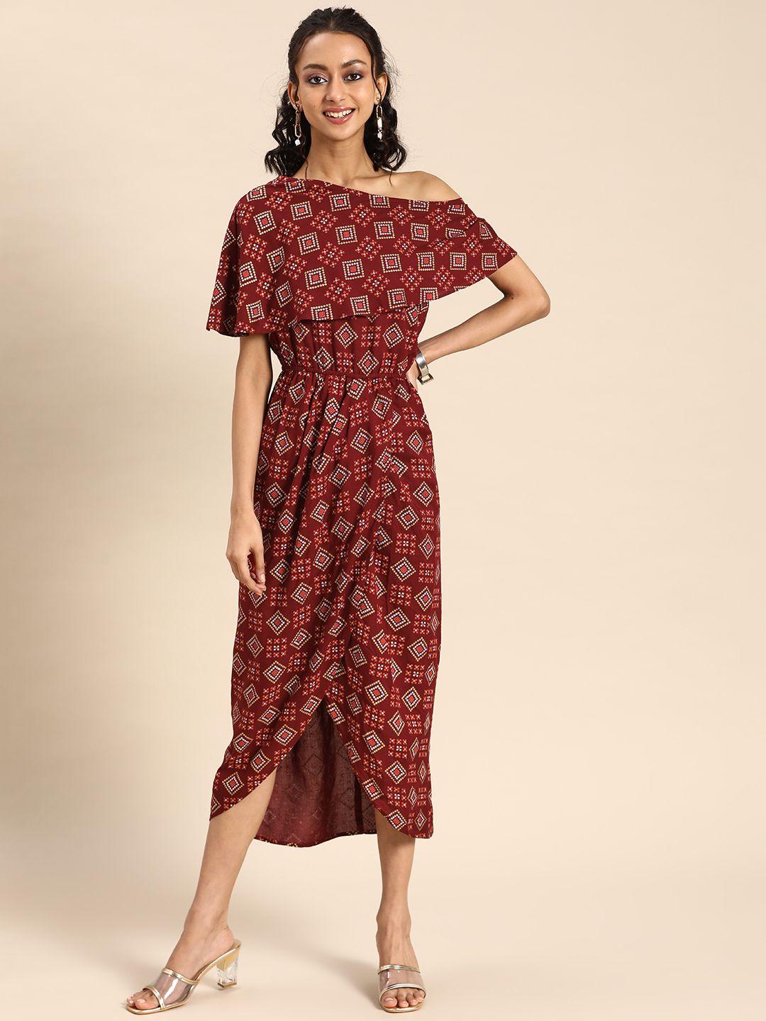 mabish by sonal jain maroon & golden ethnic motifs one shoulder layered sheath midi dress