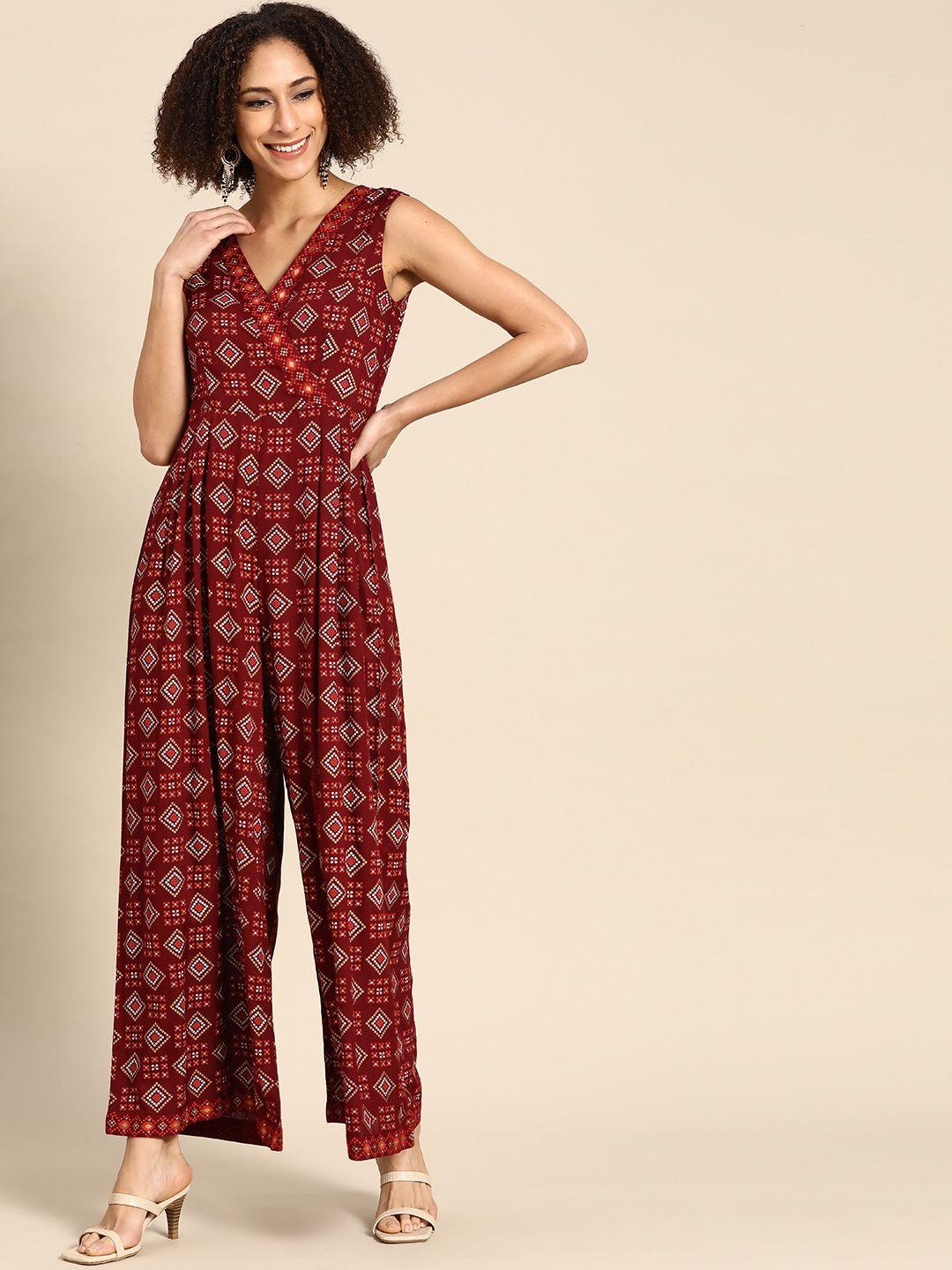 mabish by sonal jain maroon & golden printed kalidar jumpsuit