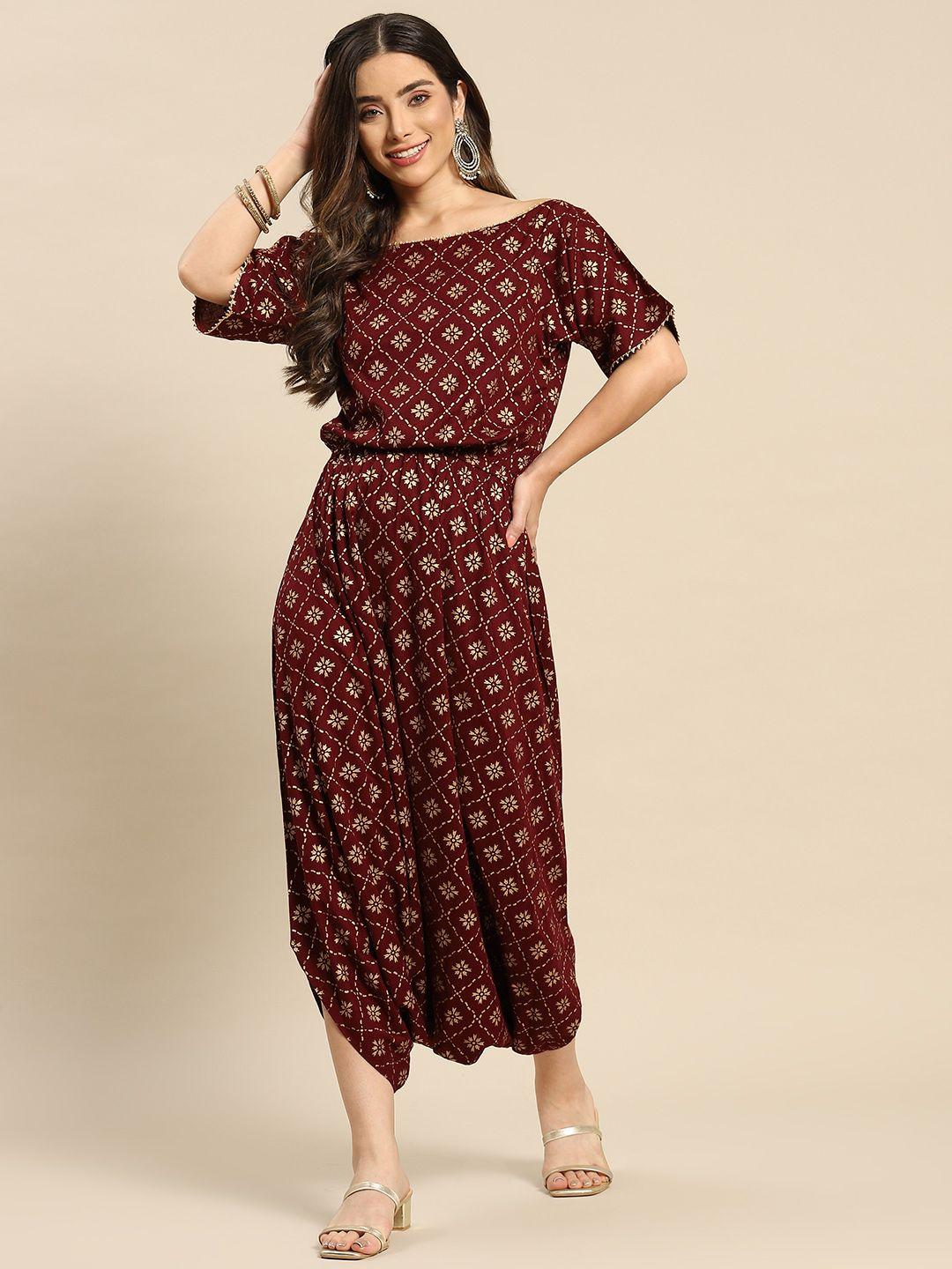 mabish by sonal jain maroon printed basic dhoti jumpsuit