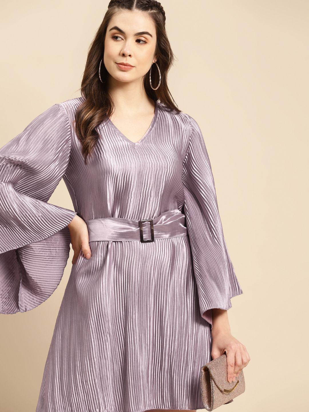 mabish by sonal jain mauve satin finish accordion pleats a-line dress with belt