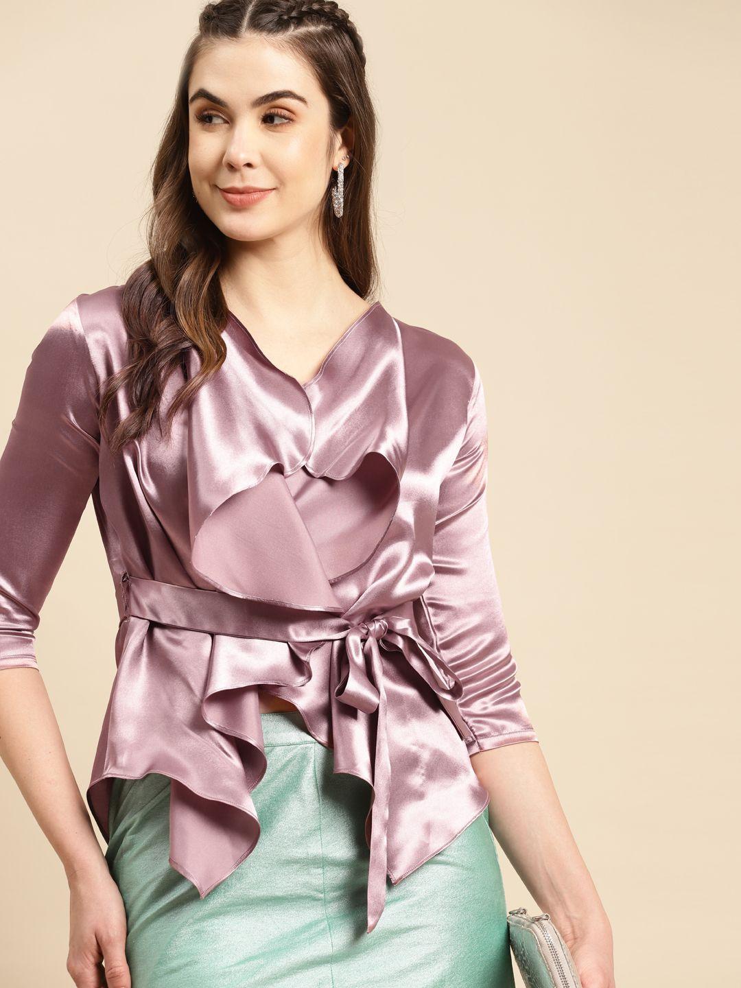 mabish by sonal jain mauve satin finish ruffles asymmetric overlap top with belt