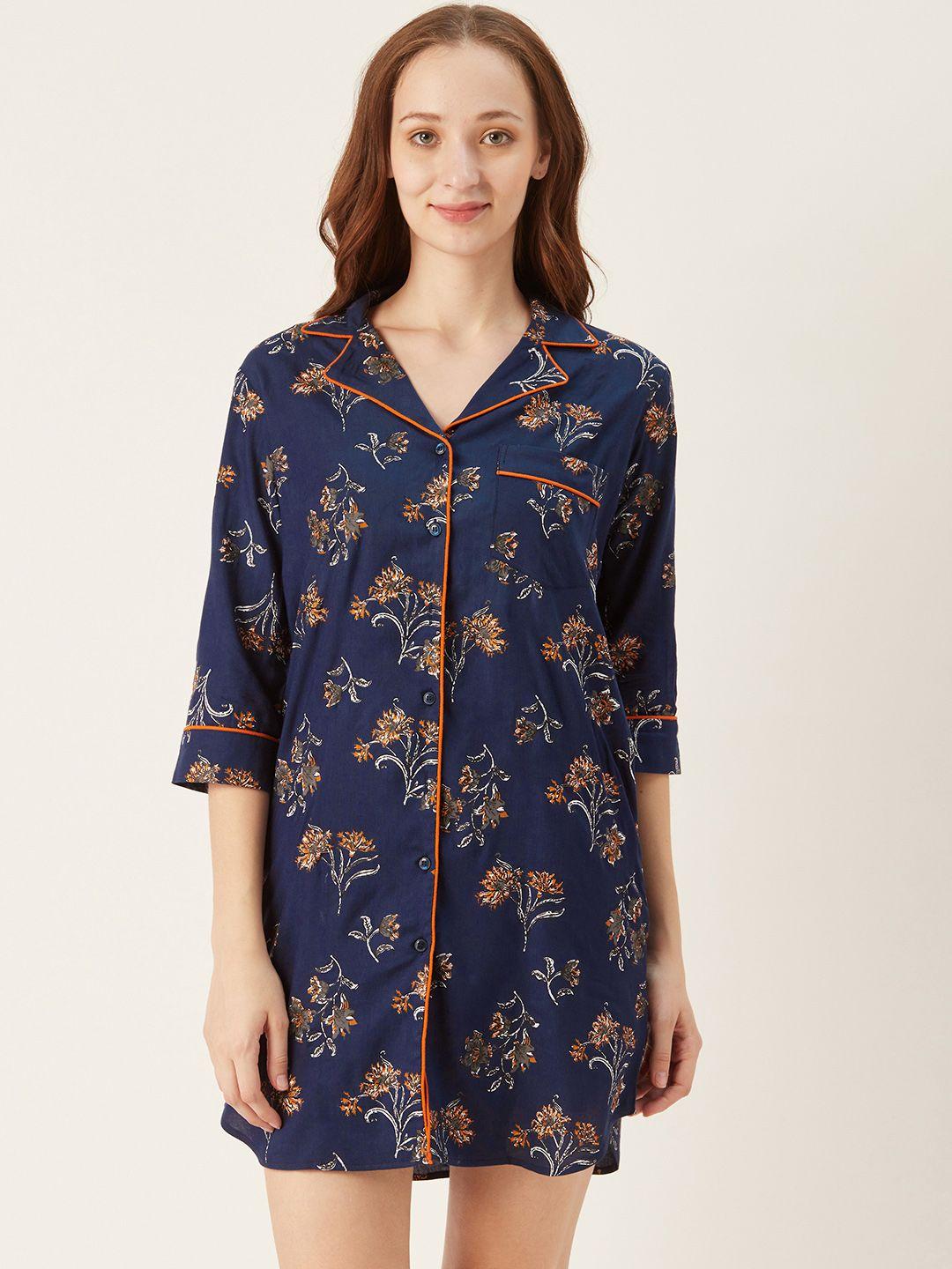 mabish by sonal jain navy blue & orange printed sleep shirt