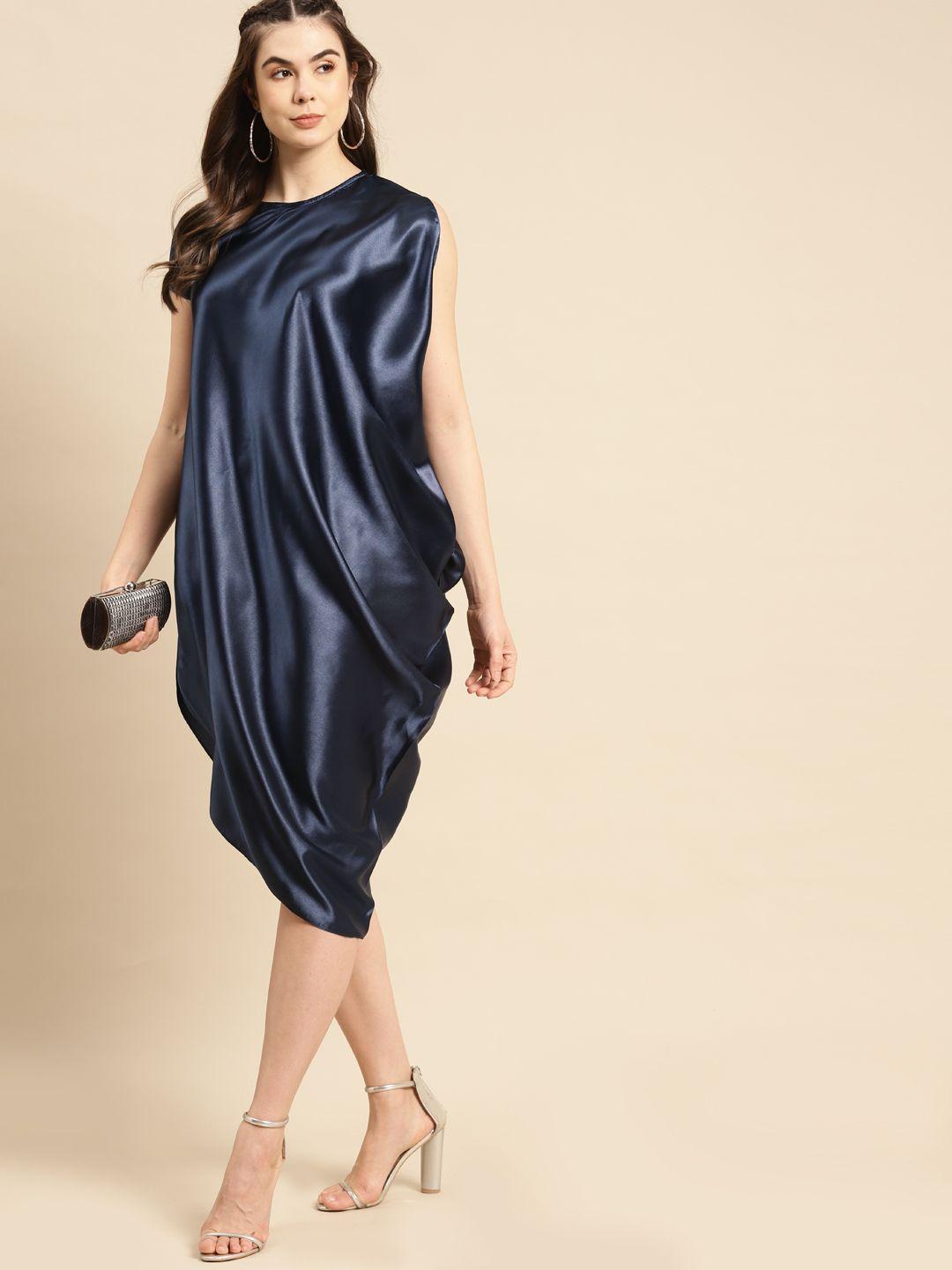 mabish by sonal jain navy blue satin finish cowl dress