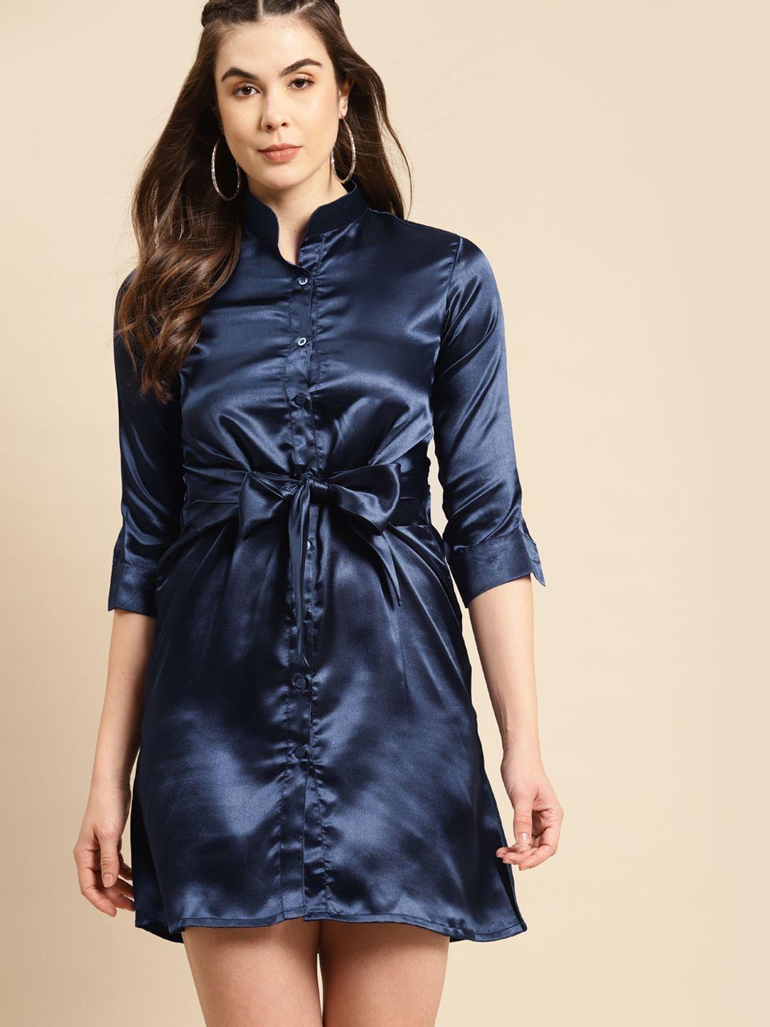 mabish by sonal jain navy blue satin finish front knot shirt dress