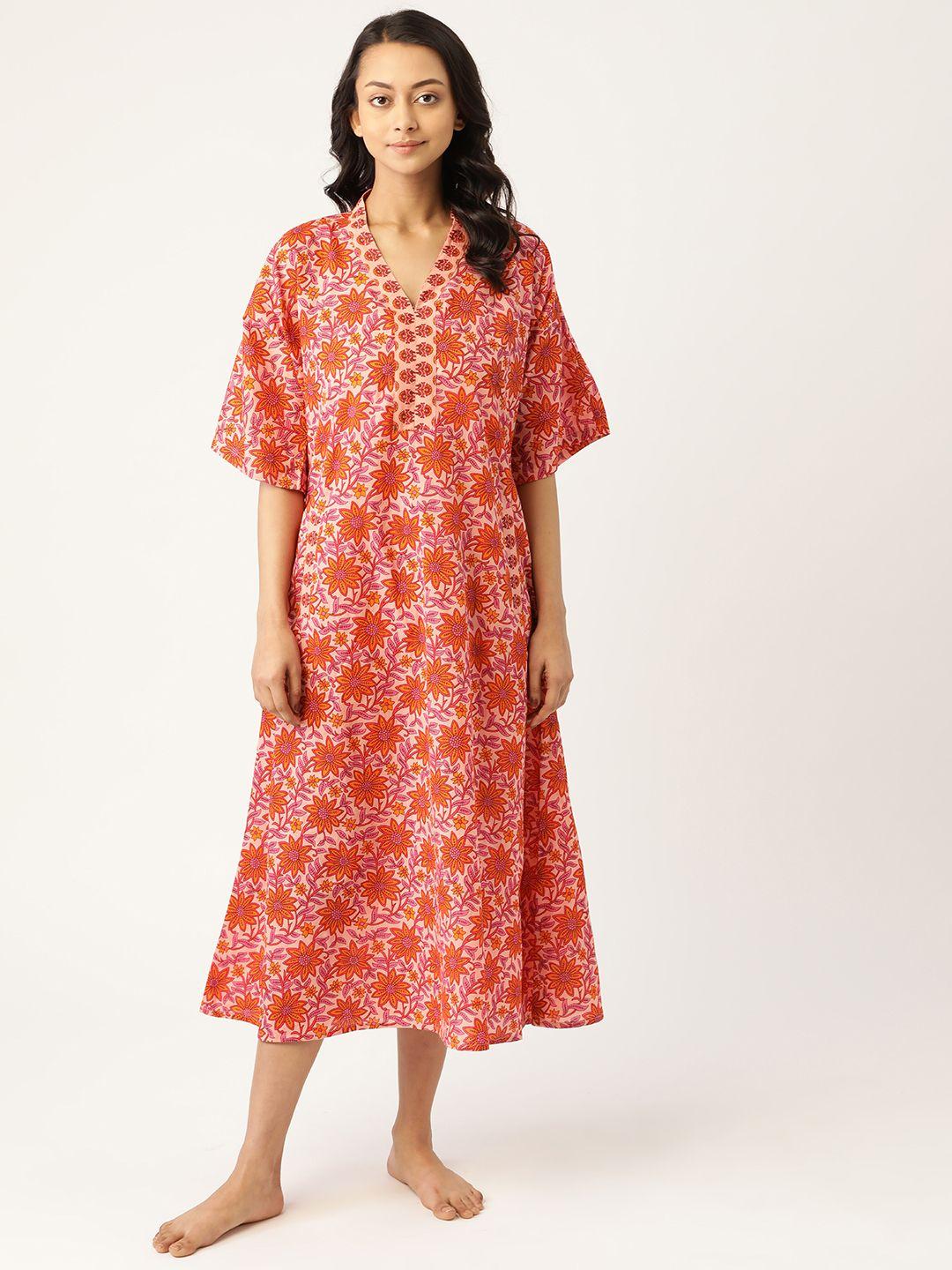 mabish by sonal jain pink & mustard ethnic motifs print pure cotton midi nightdress