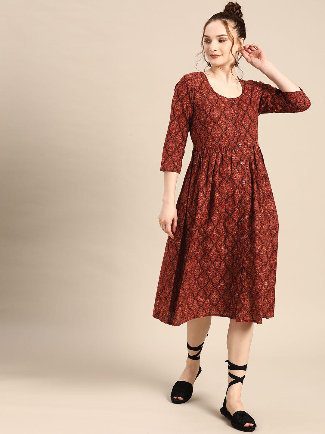 mabish by sonal jain rust brown & black ethnic motifs gathered waist a-line midi dress