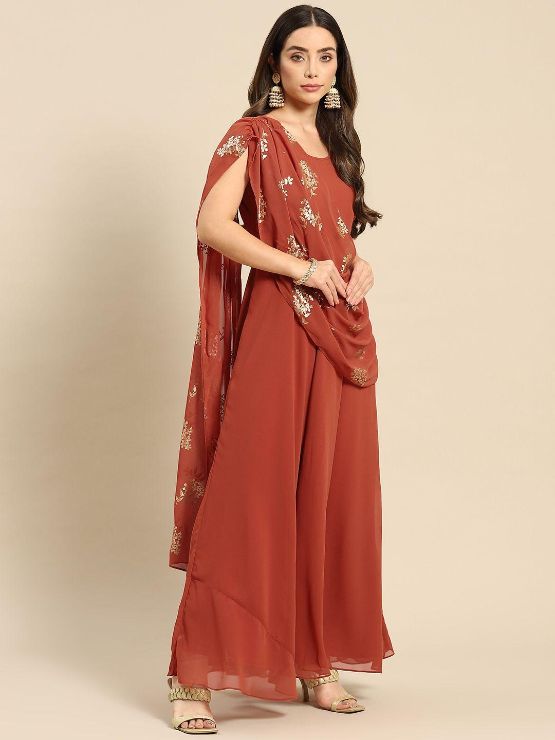 mabish by sonal jain rust layered georgette maxi dress with dupatta drape