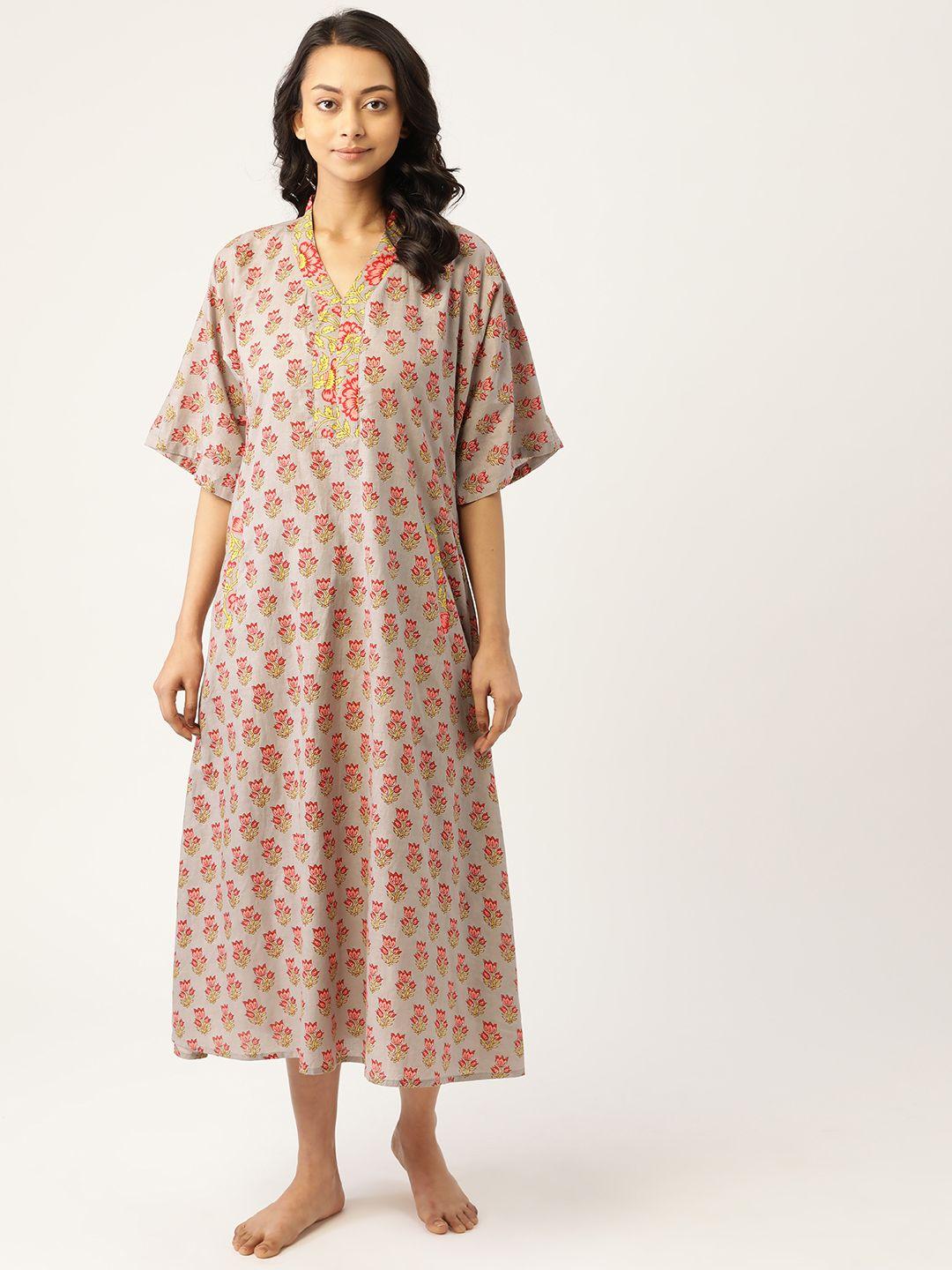 mabish by sonal jain taupe & pink ethnic motifs print pure cotton midi nightdress