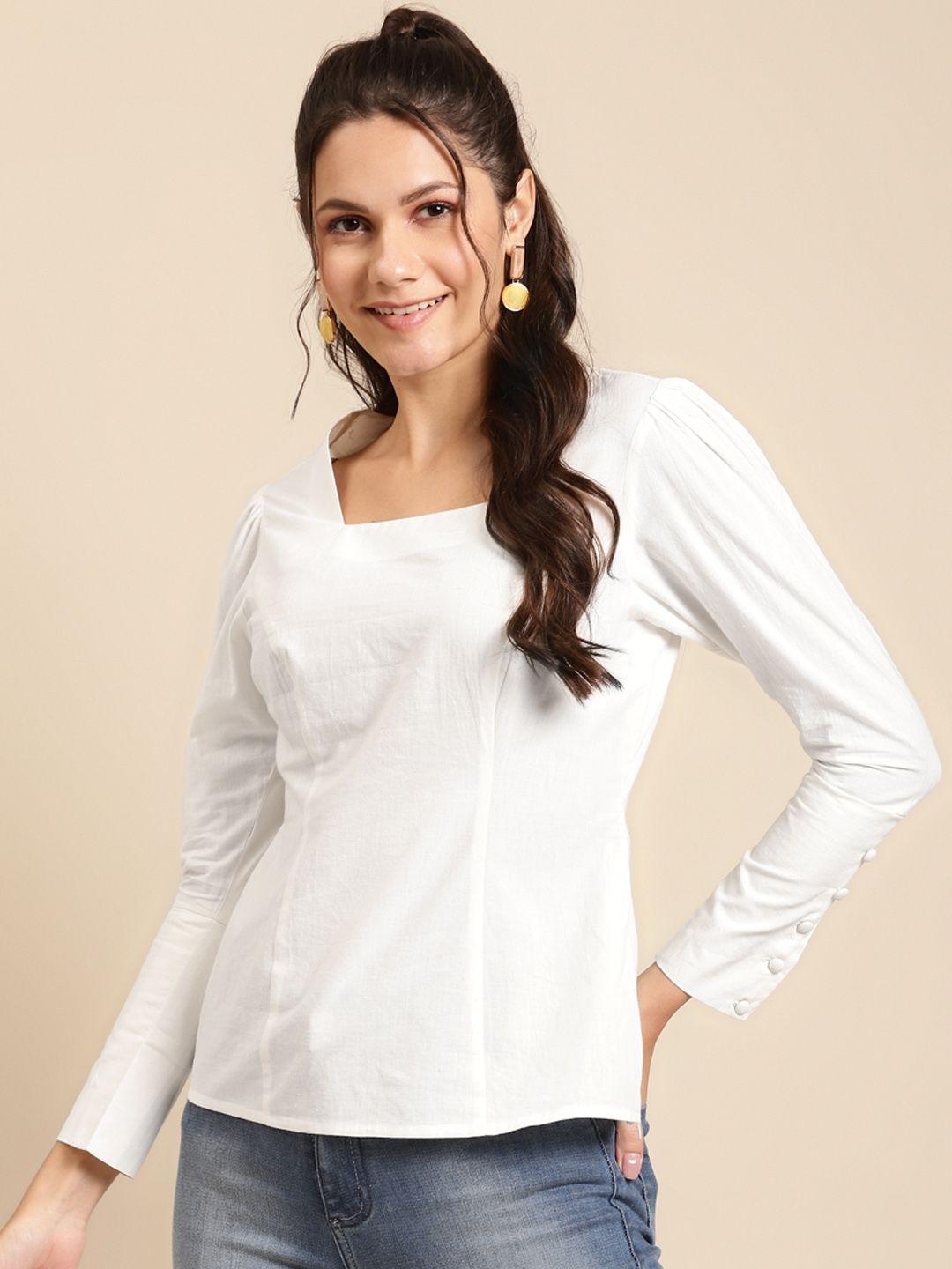 mabish by sonal jain white puff sleeves pure cotton regular top