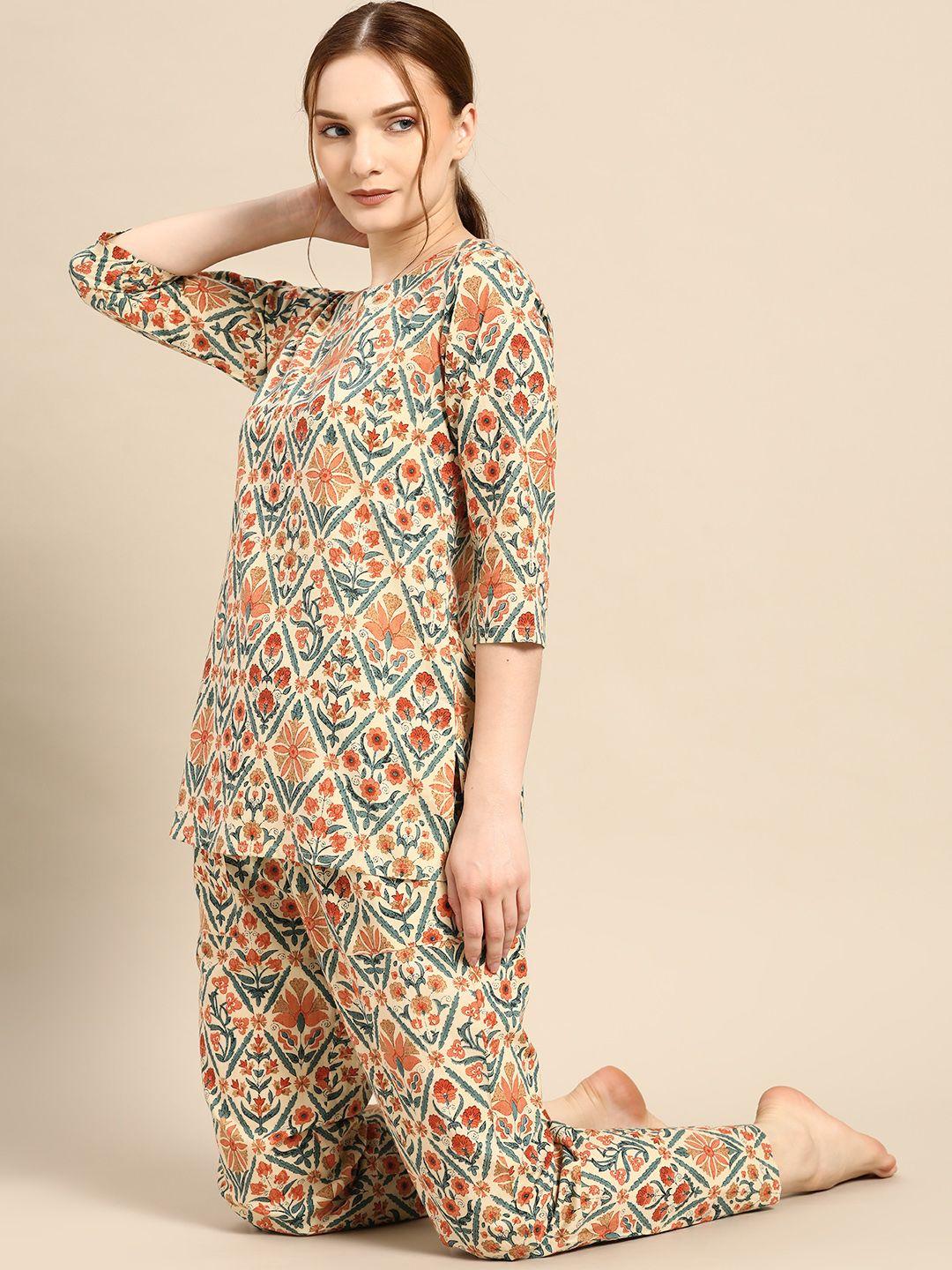 mabish by sonal jain women beige & orange printed pure cotton night suit