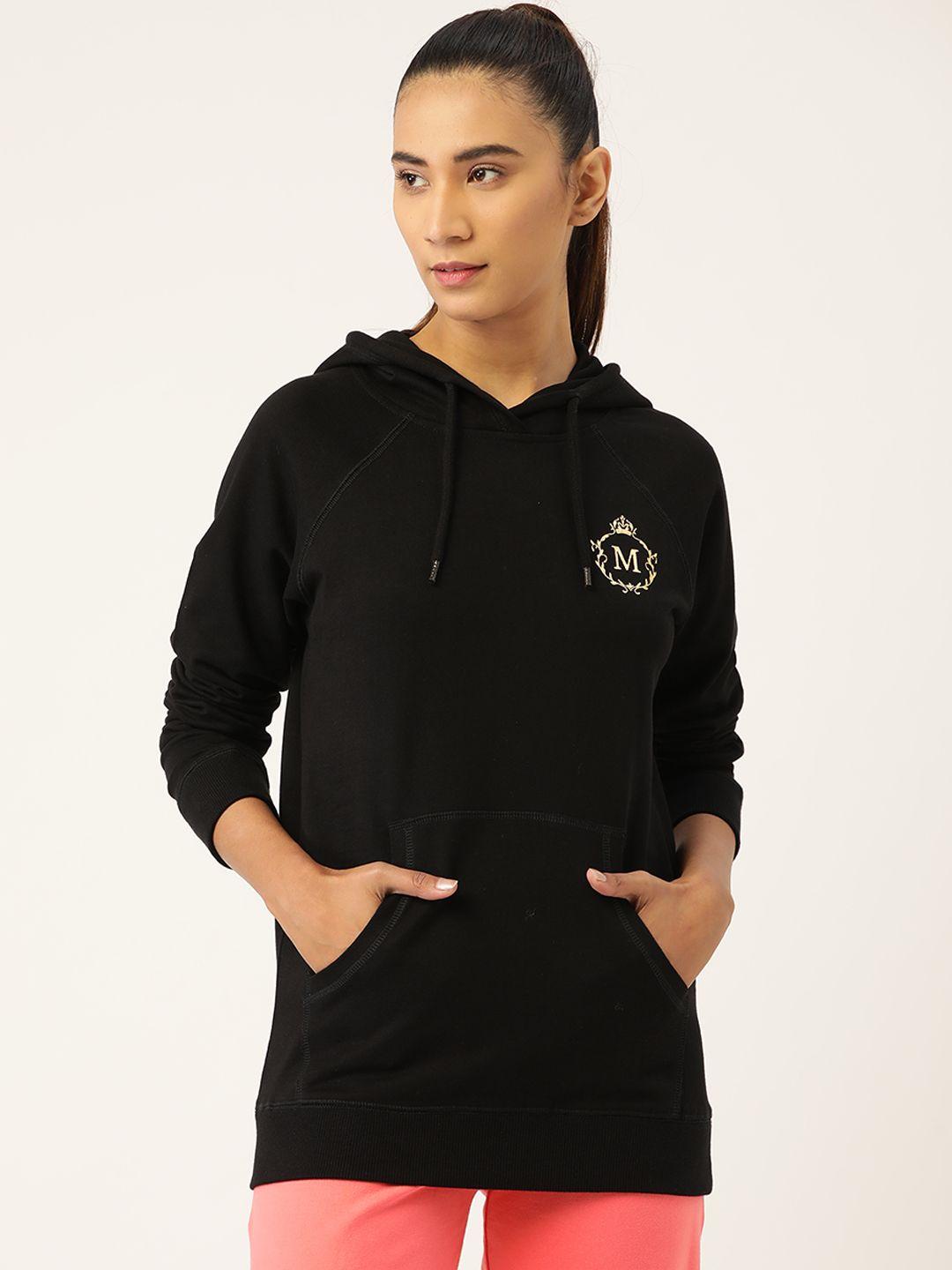 mabish by sonal jain women black & golden cotton brand logo hooded sweatshirt