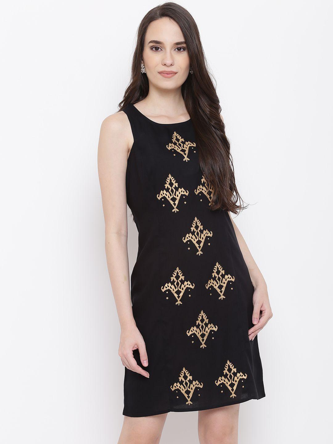 mabish by sonal jain women black & golden printed a-line dress