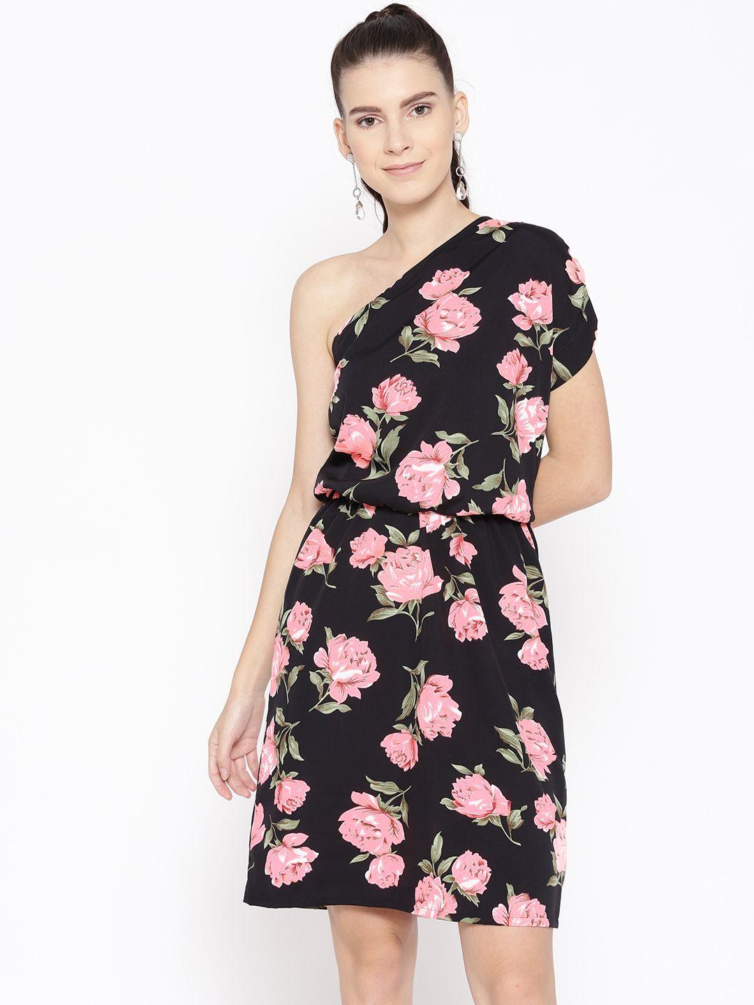 mabish by sonal jain women black & peach-coloured floral print one shoulder blouson dress