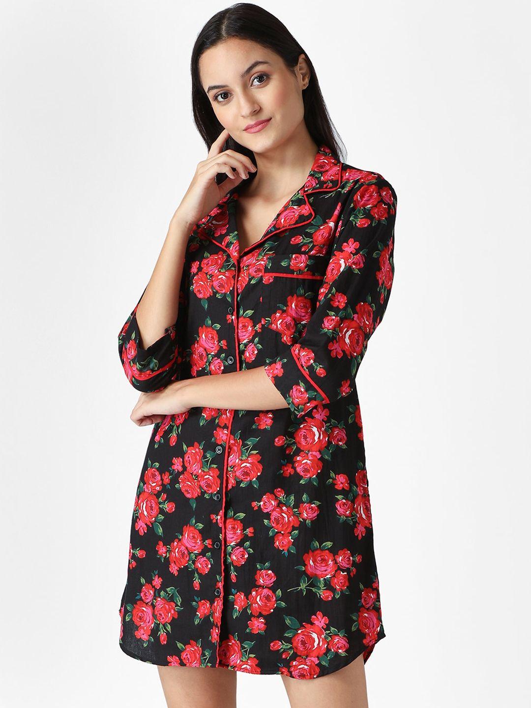 mabish by sonal jain women black & red printed sleep shirts