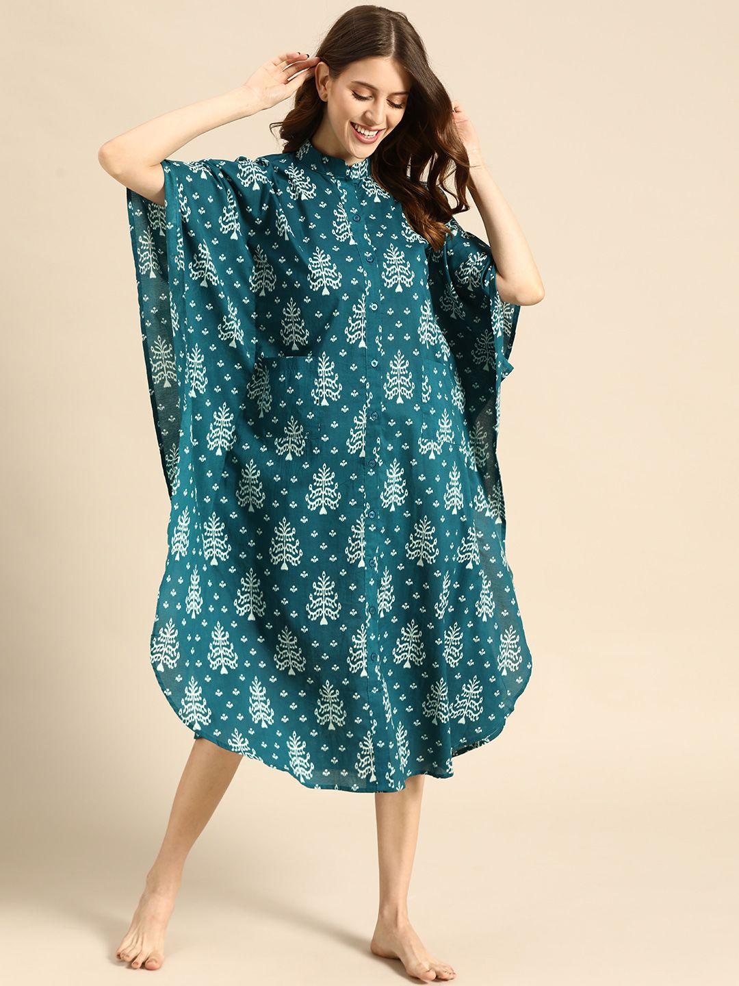 mabish by sonal jain women blue printed pure cotton kaftan nightdress