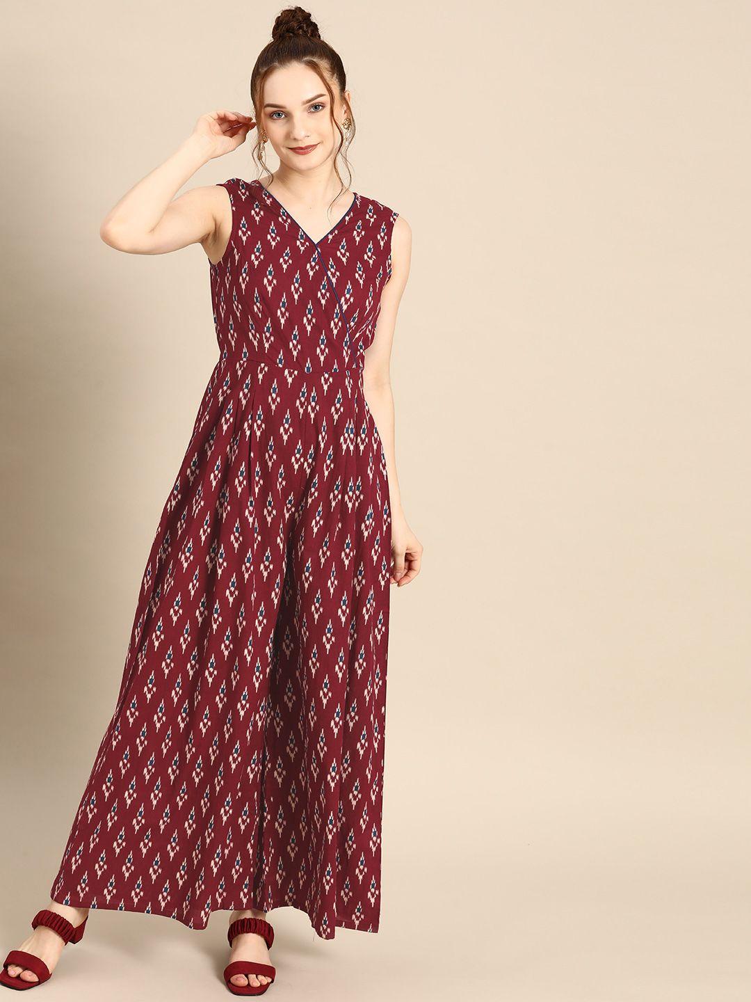 mabish by sonal jain women burgundy & navy blue printed pure cotton basic jumpsuit