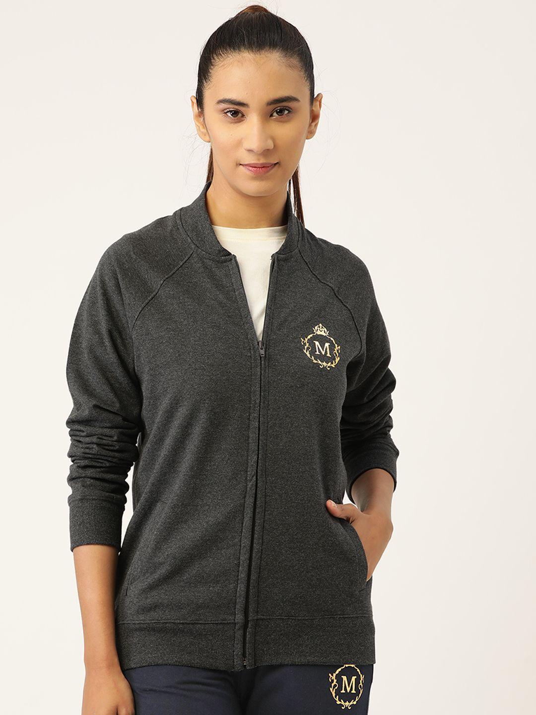 mabish by sonal jain women charcoal grey & golden cotton brand logo printed sweatshirt