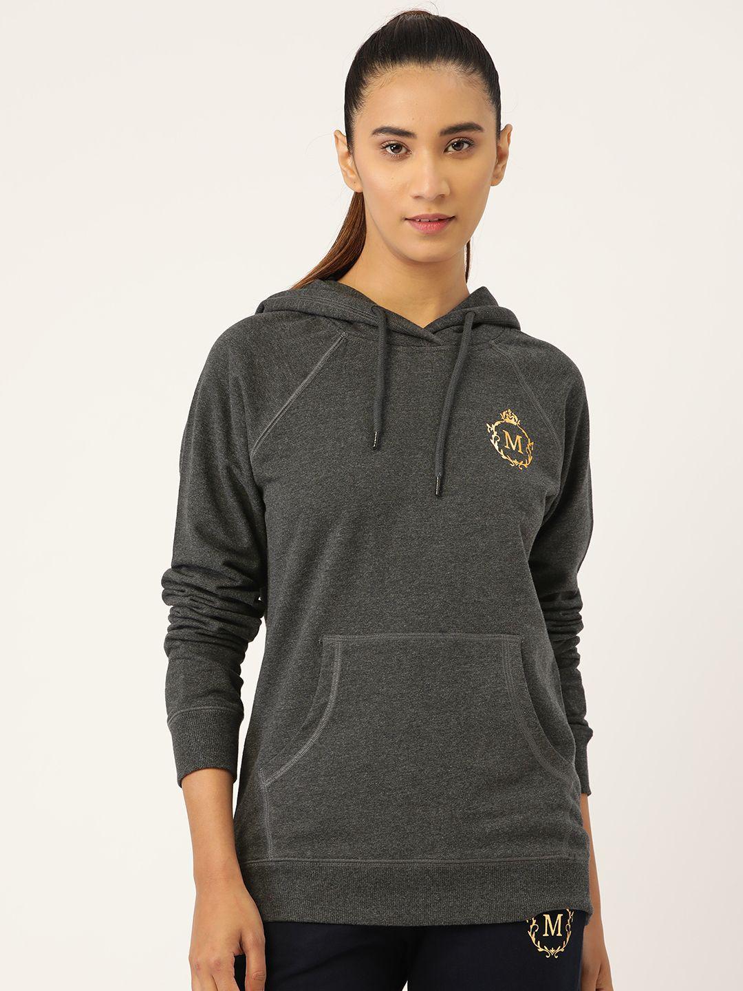 mabish by sonal jain women charcoal grey & golden printed back hooded sweatshirt