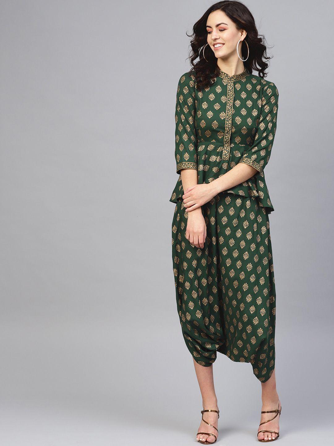 mabish by sonal jain women green & golden dhoti style printed basic jumpsuit