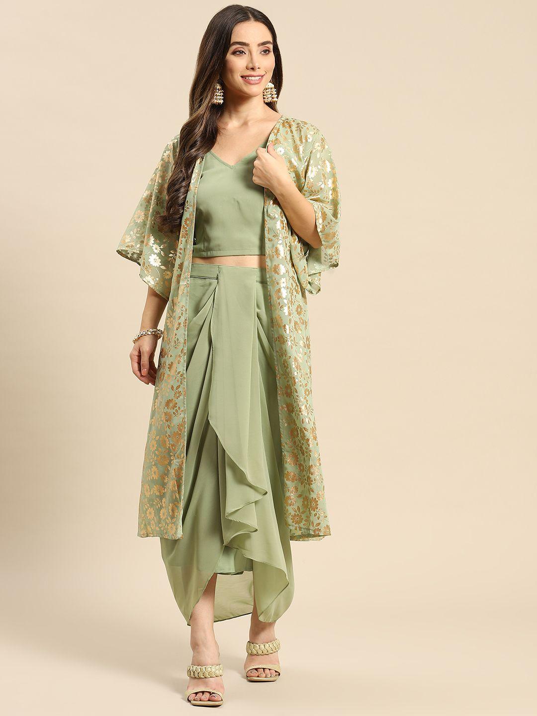 mabish by sonal jain women green printed top with pleated skirt & jacket