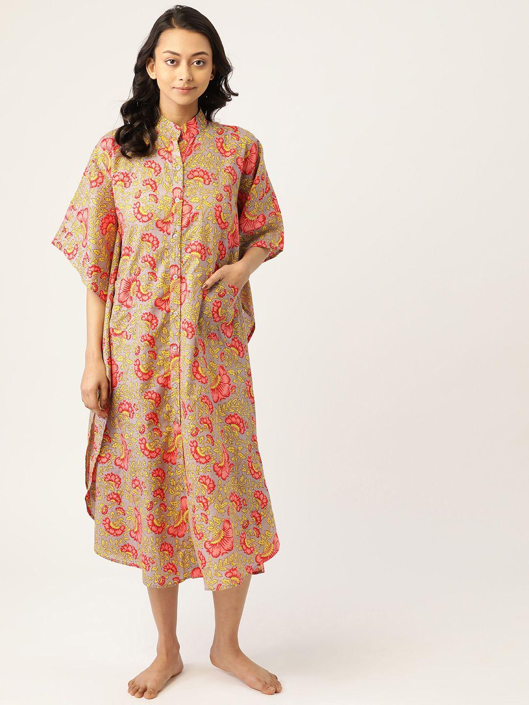 mabish by sonal jain women grey & pink ethnic motifs print pure cotton kaftan nightdress