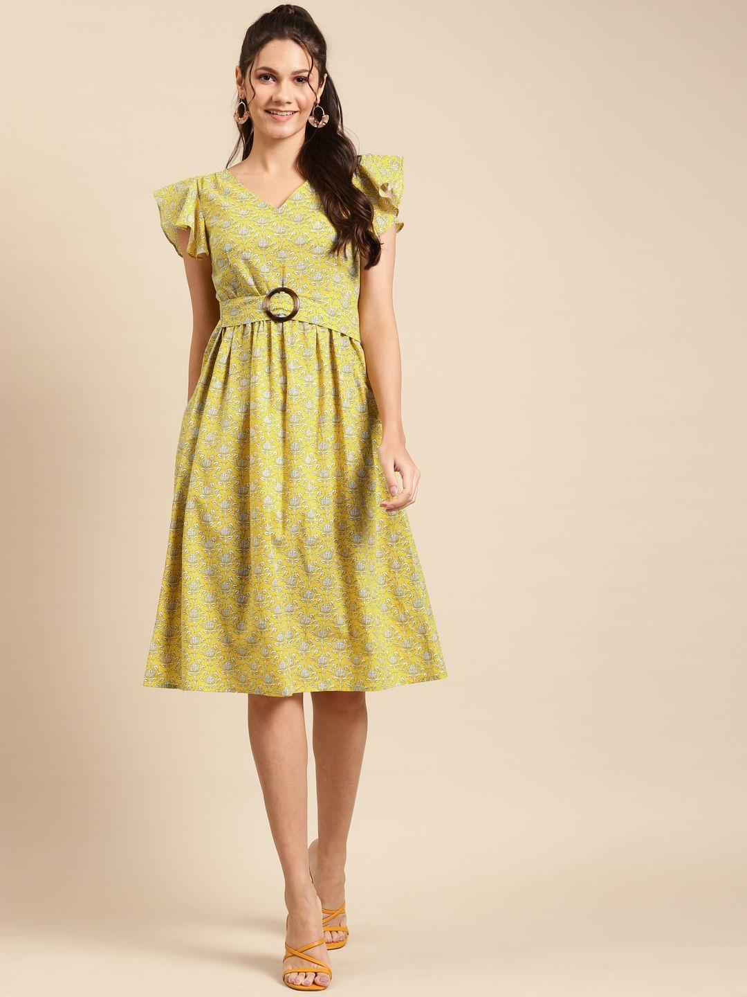 mabish by sonal jain women mustard printed a-line dress