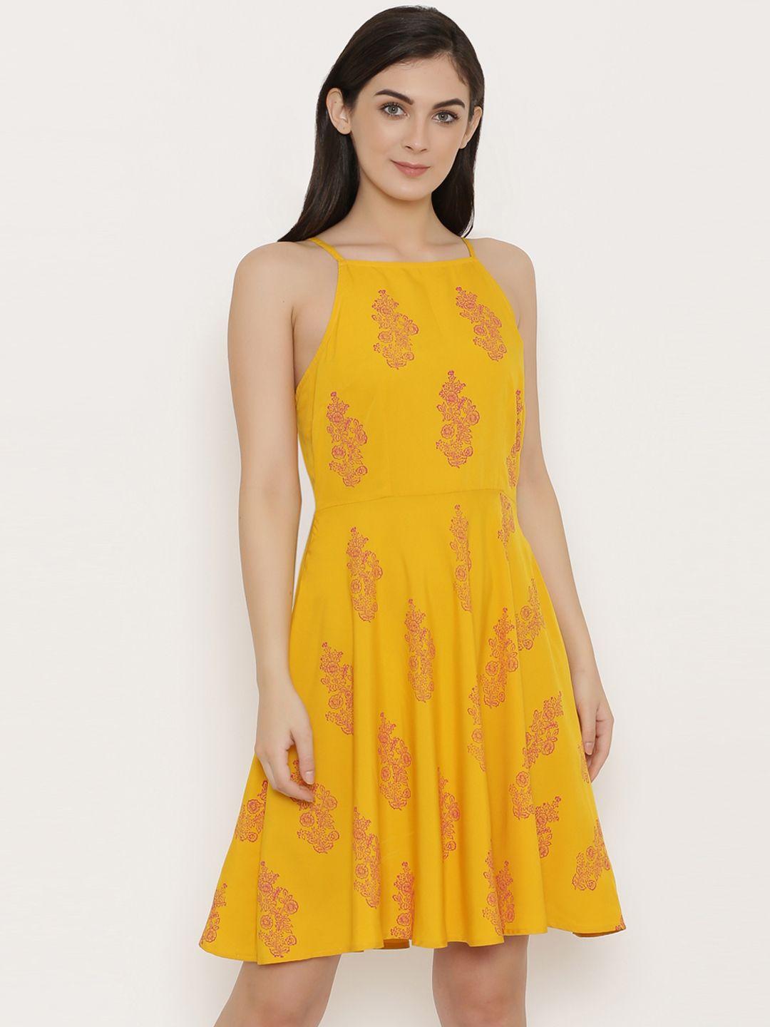 mabish by sonal jain women mustard printed fit and flare dress