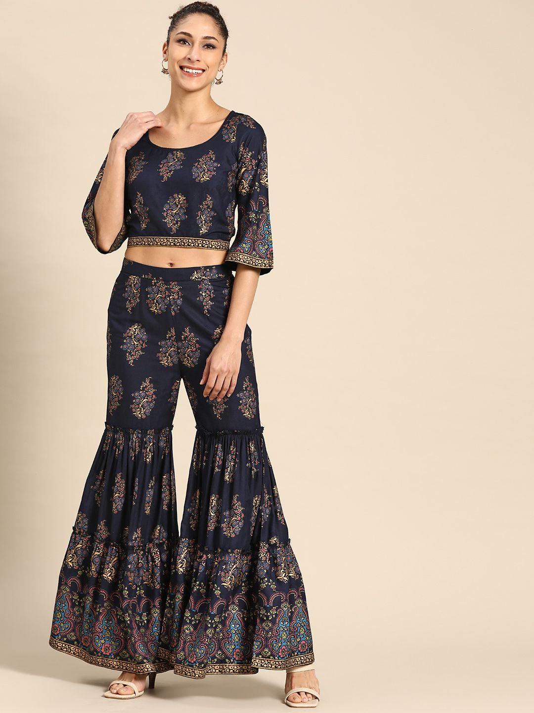 mabish by sonal jain women navy blue & beige ethnic motif print sharara set