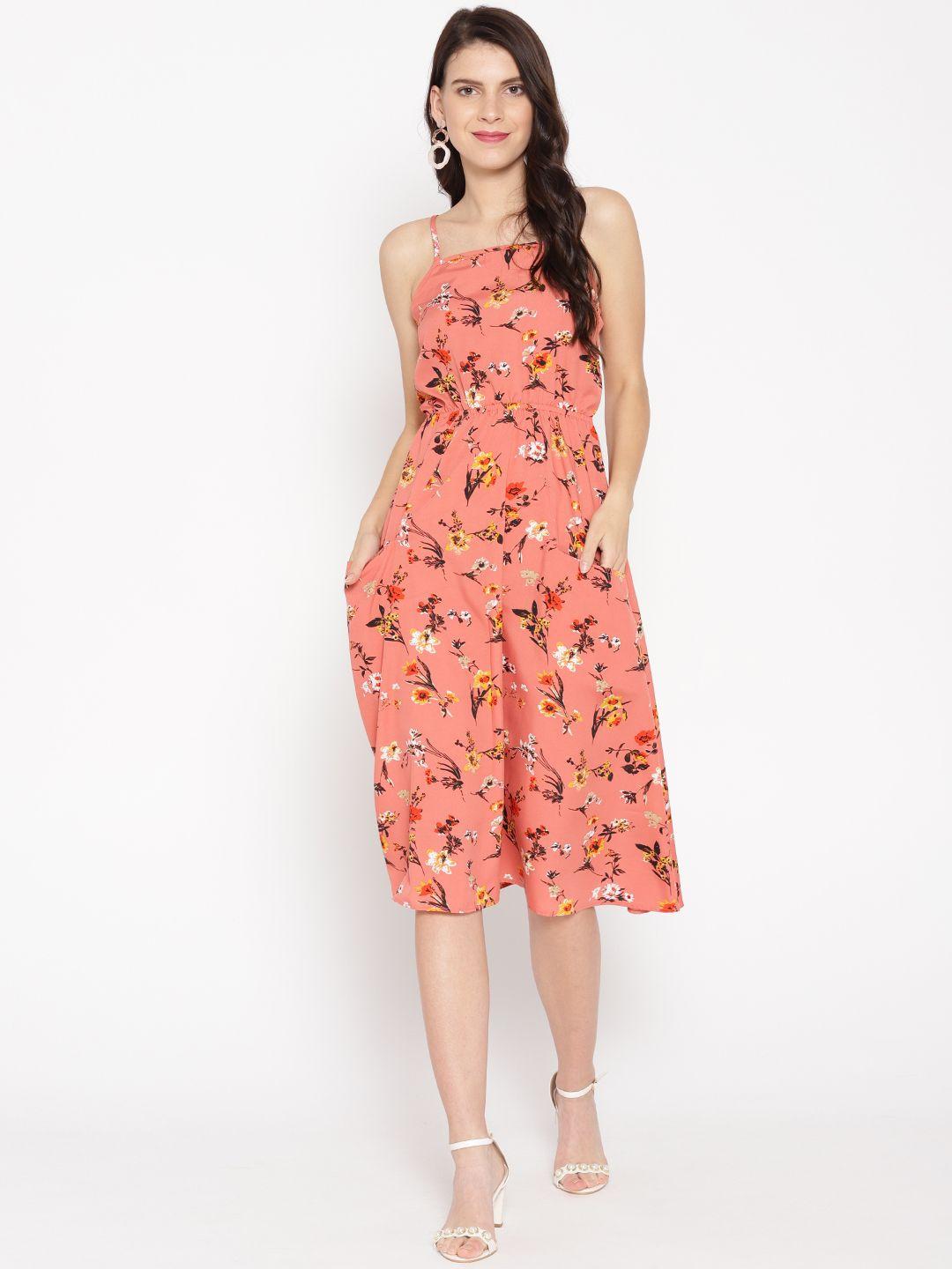 mabish by sonal jain women peach-coloured & black floral printed a-line dress