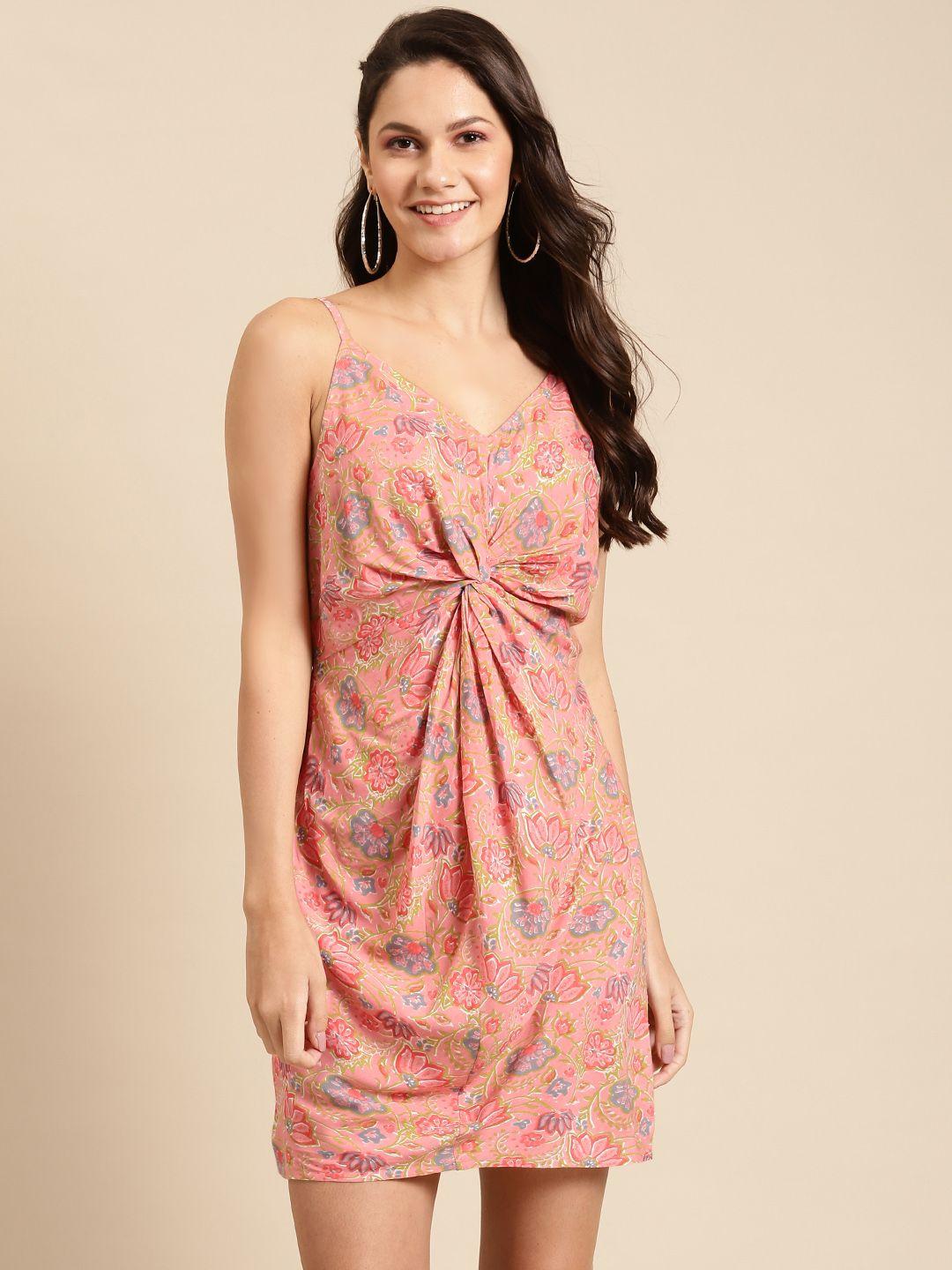 mabish by sonal jain women peach-coloured & blue printed a-line dress