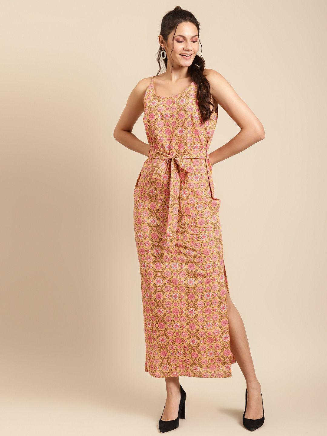 mabish by sonal jain women peach-coloured & pink cotton printed maxi dress