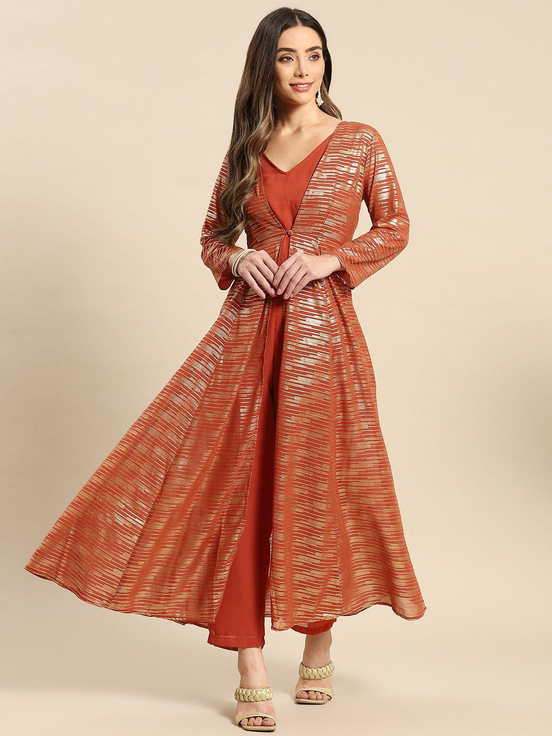 mabish by sonal jain women rust printed layered kurta with trousers