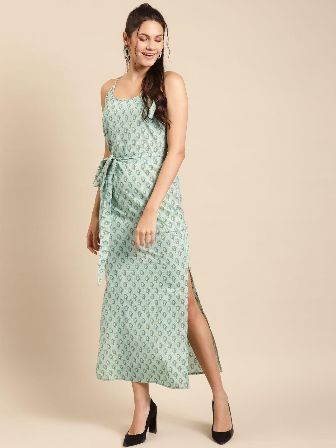 mabish by sonal jain women sea green cotton printed maxi dress