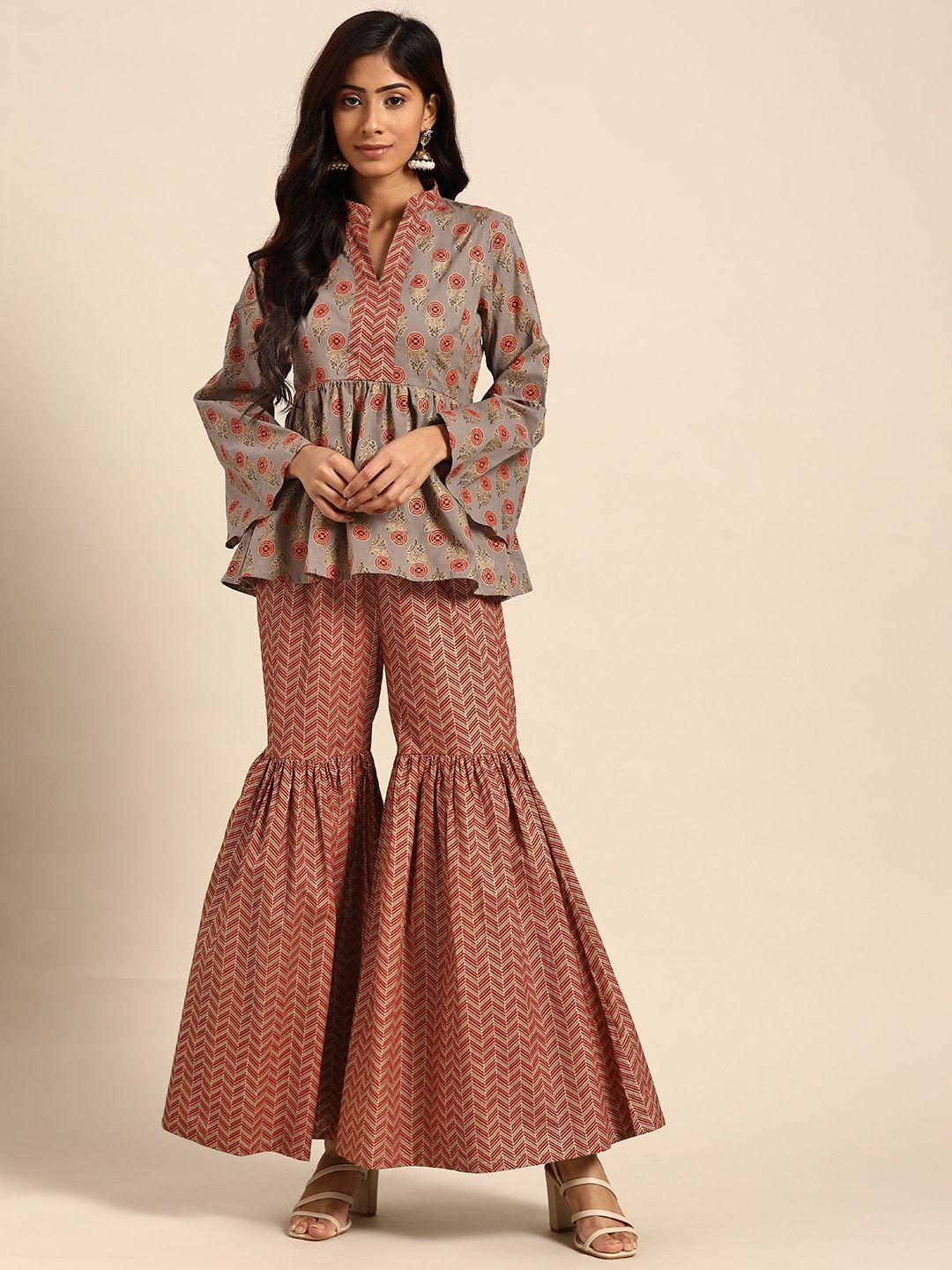 mabish by sonal jain women taupe & red printed tunic with sharara